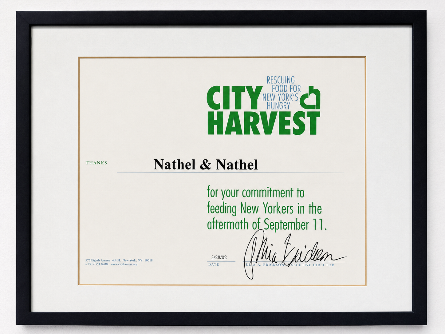 City Harvest recognition of Nathel & Nathel for September 11 contributions