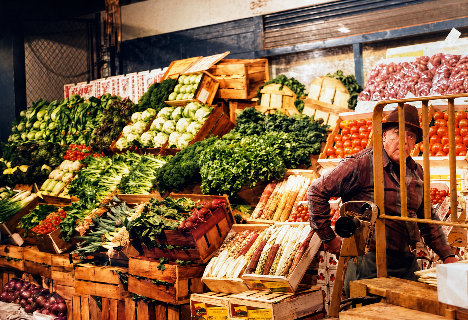 Hunts Point produce stall with crates of vegetables