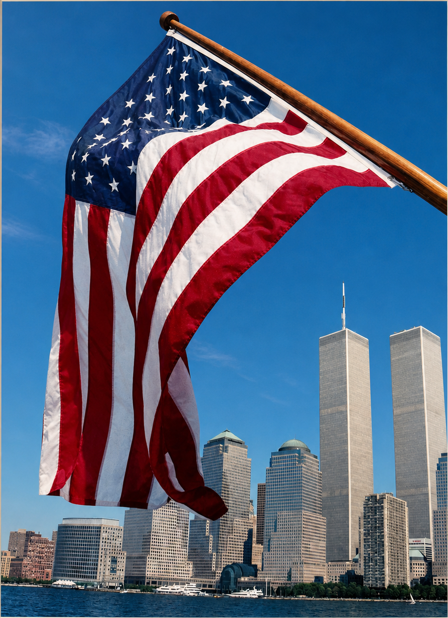 American flag over the Twin Towers
