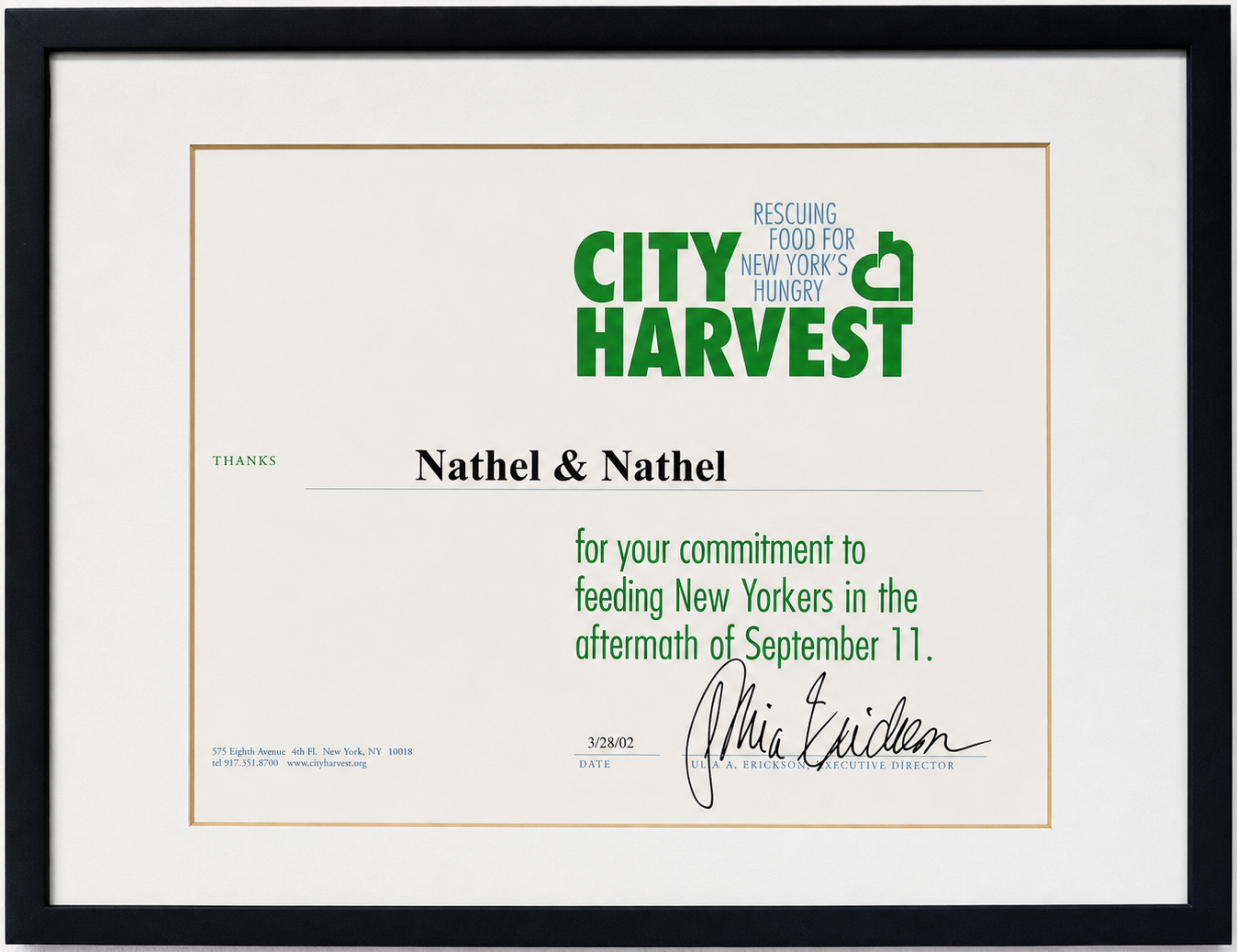 City Harvest plaque thanking Nathel & Nathel